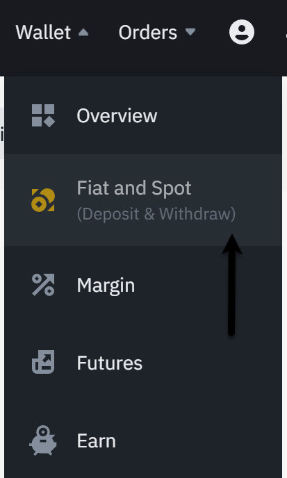 Withdraw money Binance menu