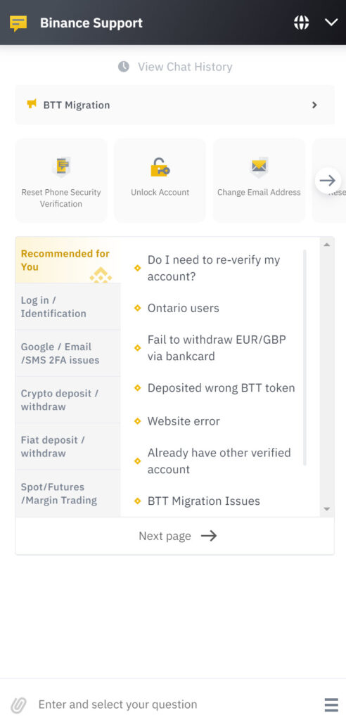 Costumer service Binance